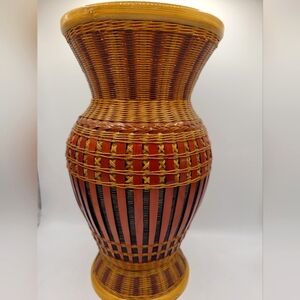 Vintage Sicilian Ratan 1970s Wooden Vase